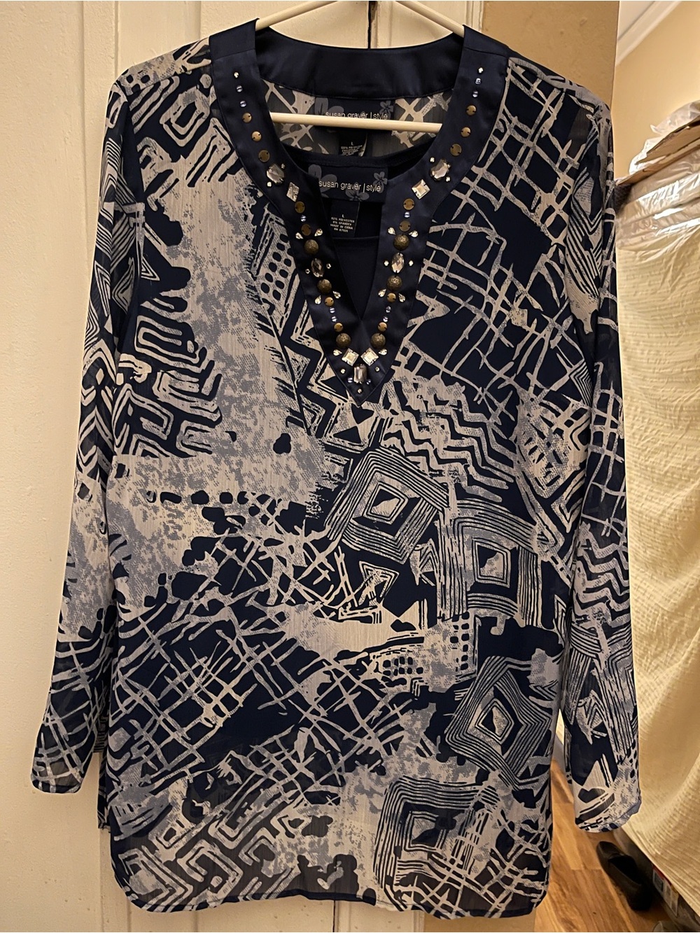 Susan Graver Navy & White Beaded V-Neck Printed Tunic and sleeveless top -2 in 1